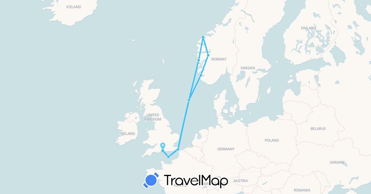 TravelMap itinerary: driving, boat in United Kingdom, Norway (Europe)
